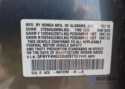 2013 Honda Pilot Ex-L z USA, uszkodzony, nr VIN 5FNYF4H63DB029713